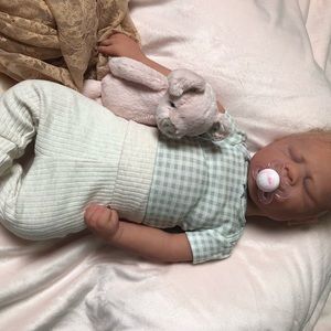 Amanda, 21”, full body soft silicone, mono-rooted blonde angora mohair